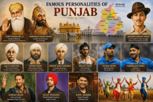 Famous personalities of Punjab featuring Guru Nanak Dev Ji, Maharaja Ranjit Singh, Bhagat Singh, Milkha Singh, Yuvraj Singh, Diljit Dosanjh, and Golden Temple.