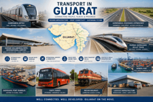 Transport in Gujarat featuring Ahmedabad Metro, Bullet Train project, highways, airports, ports, railways, and GSRTC buses.