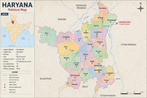 Political map of Haryana showing all 22 districts, Chandigarh, major cities, India map with Haryana highlighted, and neighbouring states.