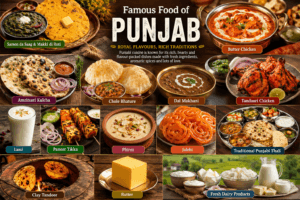 Famous food of Punjab featuring Sarson da Saag, Makki di Roti, Butter Chicken, Amritsari Kulcha, Chole Bhature, Dal Makhani, Lassi, and traditional Punjabi cuisine.