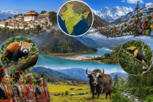 Arunachal Pradesh highlighted on the political map of India showing neighboring states, international borders, capital Itanagar, and major rivers.