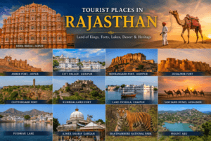 Tourist places in Rajasthan featuring Hawa Mahal, Amber Fort, Udaipur, Jaisalmer, Mehrangarh Fort, Pushkar, Ranthambore, and Mount Abu.