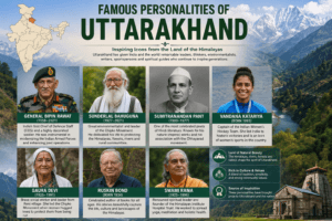 Famous personalities of Uttarakhand featuring General Bipin Rawat, Sunderlal Bahuguna, Sumitranandan Pant, Vandana Katariya, Ruskin Bond, and India map with Uttarakhand highlighted.