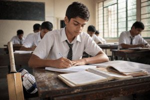 Teenage Virat Kohli studying in his classroom with a cricket bat beside his desk at school in Delhi.