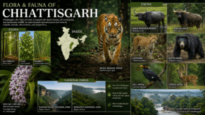 Flora and fauna of Chhattisgarh featuring Sal forests, Wild Water Buffalo, Royal Bengal Tiger, Hill Myna, Indian Gaur, Foxtail Orchid, and Kanger Valley National Park.