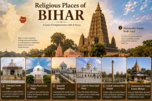Religious places in Bihar featuring Mahabodhi Temple, Vishnupad Temple, Takht Sri Patna Sahib, Rajgir, Pawapuri, and India map with Bihar highlighted.