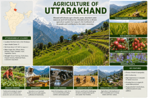 Agriculture of Uttarakhand featuring terrace farming, apple orchards, rice fields, medicinal plants, organic farming, and India map with Uttarakhand highlighted.