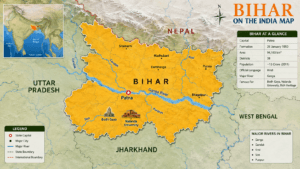 India map highlighting Bihar with neighbouring states, Nepal border, Ganga River, and Patna marked as the capital.