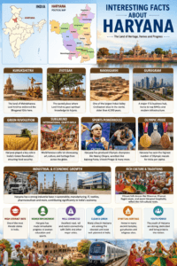 Interesting facts about Haryana featuring India map, Haryana political map, Kurukshetra, Rakhigarhi, Gurugram, Green Revolution, Surajkund Crafts Mela, and Olympic champions.