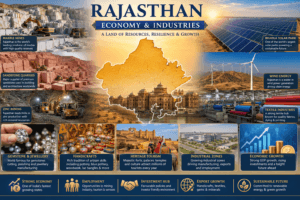 Economy and industries of Rajasthan featuring marble mining, solar parks, textiles, handicrafts, tourism, and industrial development.