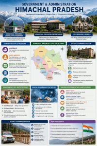 Government and administration of Himachal Pradesh featuring the Legislative Assembly, Secretariat, Raj Bhavan Shimla, district administration, Panchayati Raj, and digital governance.