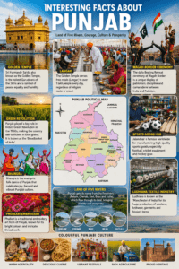 Interesting facts about Punjab featuring the Golden Temple, Langar, Green Revolution, Wagah Border, Bhangra, Phulkari, and the five rivers.