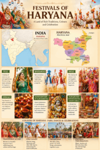 Festivals of Haryana featuring India map, Haryana political map, Teej, Baisakhi, Holi, Diwali, Janmashtami, Surajkund Crafts Mela, and traditional celebrations.