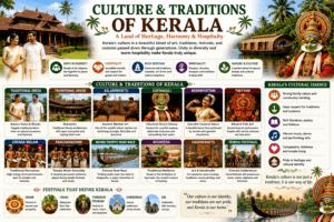 Culture and traditions of Kerala featuring Kasavu saree, Mundu, Kathakali, snake boat race, Theyyam, traditional Kerala house, Ayurveda, and cultural festivals.