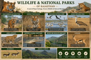 Wildlife and national parks of Rajasthan featuring Ranthambore, Sariska, Keoladeo, Desert National Park, Jawai leopards, and Great Indian Bustard.