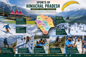 Sports of Himachal Pradesh featuring HPCA Stadium Dharamshala, Bir Billing paragliding, Solang Valley skiing, trekking, mountaineering, river rafting, and winter sports.