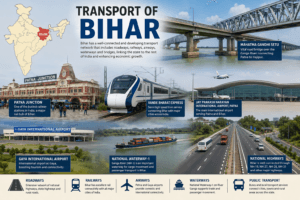 Transport of Bihar featuring Mahatma Gandhi Setu, Patna Junction, Vande Bharat Express, Patna Airport, Ganga River waterway, and India map with Bihar highlighted.