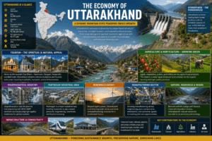 Economy of Uttarakhand featuring tourism, hydropower, apple orchards, pharmaceutical industries, agriculture, and India map with Uttarakhand highlighted.