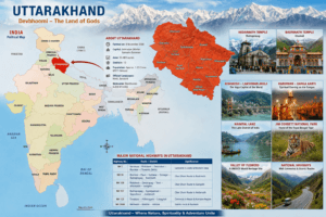 Political map of India with Uttarakhand highlighted, showing the Himalayan region, Char Dham temples, and major tourist attractions.