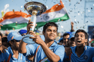 Young Virat Kohli celebrating with the ICC Under-19 Cricket World Cup trophy after India's victory in 2008.