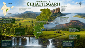 Geography of Chhattisgarh featuring Chhattisgarh Plain, Bastar Plateau, Satpura Hills, Gaurlata Hill, Mahanadi River, forests, and waterfalls.