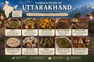 Famous food of Uttarakhand featuring Kafuli, Chainsoo, Aloo Ke Gutke, Mandua Ki Roti, Bal Mithai, Singori, and India map with Uttarakhand highlighted.