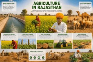 Agriculture of Rajasthan featuring mustard fields, bajra farming, Indira Gandhi Canal, camel and sheep farming, spice cultivation, and modern irrigation.