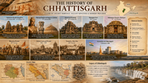 History of Chhattisgarh featuring prehistoric rock art, Dakshina Kosala, Emperor Ashoka, Kalachuri Dynasty, Ratanpur Fort, and formation of Chhattisgarh in 2000.