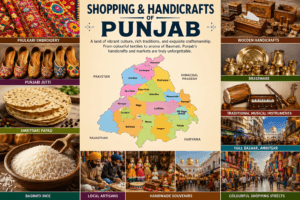 Shopping and handicrafts of Punjab featuring Phulkari embroidery, Punjabi Jutti, wooden handicrafts, Amritsari Papad, Basmati Rice, and Hall Bazaar.