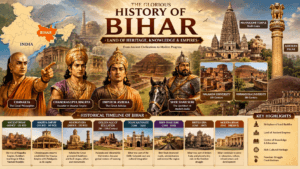 History of Bihar featuring the Magadha Empire, Emperor Ashoka, Nalanda University, Sher Shah Suri, and India map with Bihar highlighted.