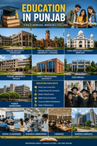 Education in Punjab featuring Panjab University, Punjab Agricultural University, Guru Nanak Dev University, Lovely Professional University, IISER Mohali, PGIMER, students, and modern campuses.