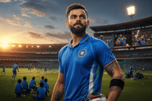 Virat Kohli discussing business strategies with a professional team in a modern corporate office.