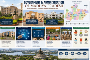 Government and administration of Madhya Pradesh featuring Vallabh Bhawan, Legislative Assembly, Raj Bhavan, district administration, and digital governance.
