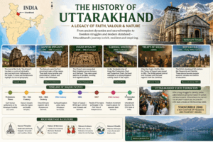 History of Uttarakhand featuring ancient temples, Katyuri Dynasty, Chand Dynasty, Garhwal Kingdom, British rule, and state formation in 2000.