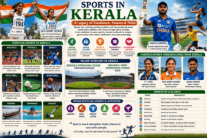 Sports of Kerala featuring athletics, football, cricket, volleyball, badminton, Greenfield Stadium, Jawaharlal Nehru Stadium, and famous Kerala athletes.