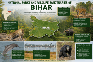 National parks and wildlife sanctuaries of Bihar featuring Valmiki National Park, Bengal Tiger, Kanwar Lake Bird Sanctuary, and India map with Bihar highlighted.