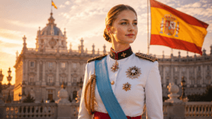 Princess Leonor standing in front of the Royal Palace of Madrid