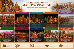 Festivals of Madhya Pradesh featuring Bhagoria Festival, Khajuraho Dance Festival, Tansen Music Festival, Simhastha Kumbh Mela, and tribal celebrations.