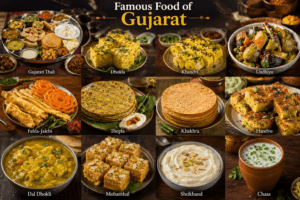 Famous food of Gujarat featuring Gujarati Thali, Dhokla, Khandvi, Undhiyu, Fafda-Jalebi, Thepla, Khakhra, Mohanthal, and traditional cuisine.