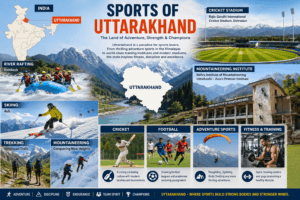 Sports of Uttarakhand featuring river rafting in Rishikesh, skiing in Auli, trekking, mountaineering, cricket stadium in Dehradun, and India map with Uttarakhand highlighted.