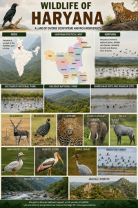 Wildlife of Haryana featuring India map, Haryana political map, Blackbuck, Black Francolin, Kalesar National Park, Sultanpur National Park, Bhindawas Wetland, and migratory birds.