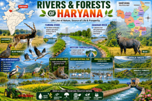 Rivers and forests of Haryana featuring India map, Haryana political map, Yamuna River, Kalesar National Park, Sultanpur National Park, Blackbuck, and migratory birds.