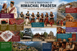 Culture and traditions of Himachal Pradesh featuring Himachali people, Kullu Nati dance, Himachali caps, Kullu shawls, Chamba Rumal, temples, monasteries, and colourful festivals.
