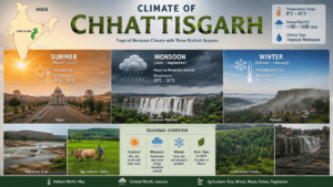 Climate of Chhattisgarh showing hot summer, monsoon rains, pleasant winter, Chitrakote Waterfall, forests, agricultural fields, and seasonal weather conditions.