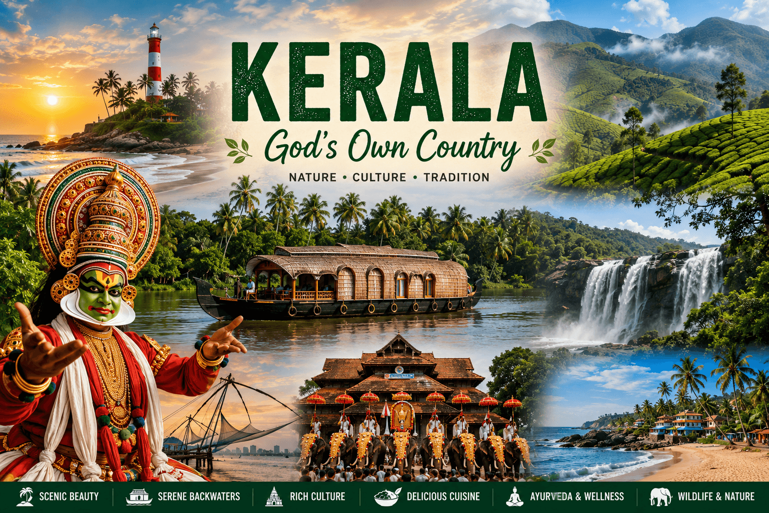 Kerala hero image featuring Munnar tea gardens, Alleppey backwaters, Kathakali dancer, Athirappilly Waterfalls, Kovalam Beach, Chinese fishing nets in Kochi, and lush green landscapes.
