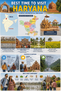 Best time to visit Haryana featuring India map, Haryana political map, Kurukshetra, Sultanpur National Park, Surajkund Crafts Mela, and seasonal weather.