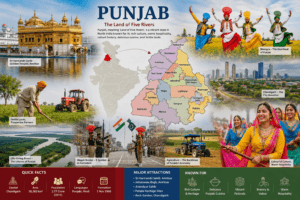 Punjab highlighted on the political map of India showing Chandigarh, Amritsar, neighbouring states, major cities, rivers, Golden Temple, and Wagah Border.