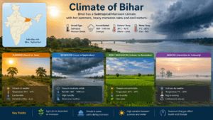 Climate of Bihar featuring summer, monsoon, winter seasons, Ganga River, weather icons, and India map with Bihar highlighted.