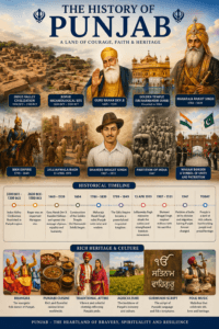 History of Punjab featuring the Indus Valley Civilization, Guru Nanak Dev Ji, Golden Temple, Maharaja Ranjit Singh, Jallianwala Bagh, and the Sikh Empire.