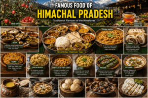 Famous food of Himachal Pradesh featuring Dham, Chana Madra, Siddu, Babru, Tudkiya Bhath, Bhey, fresh apples, and traditional Himachali cuisine.